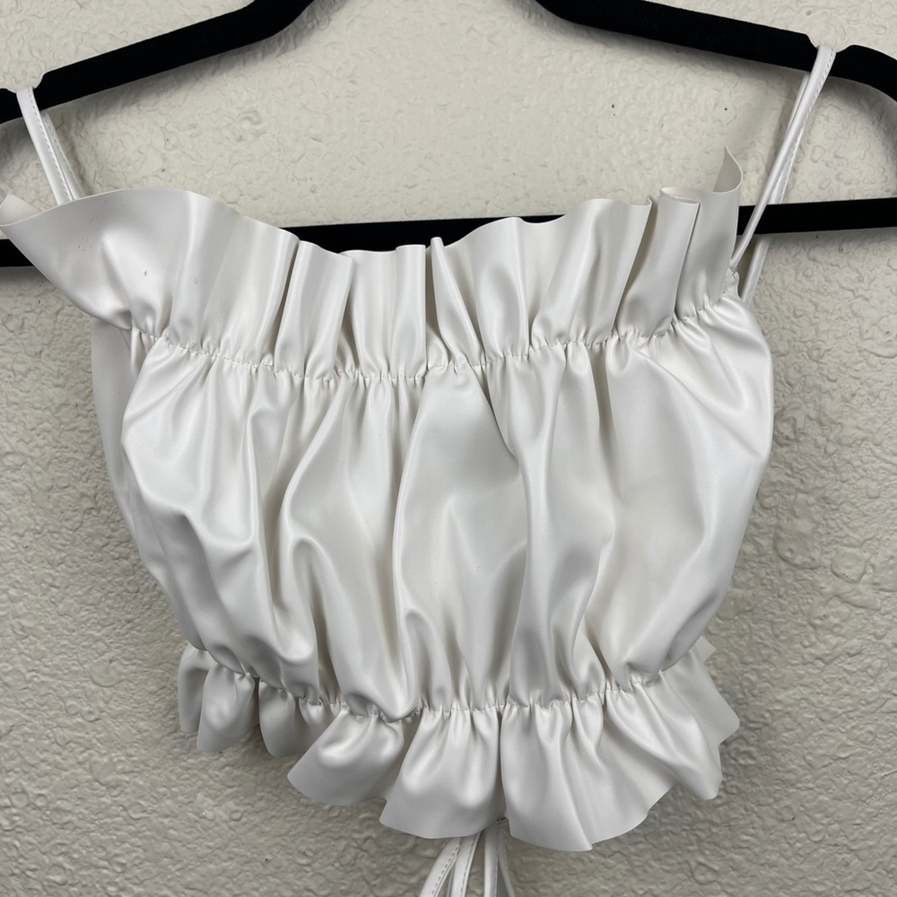 Thobias Faux Leather White Backless Strappy Crop Top